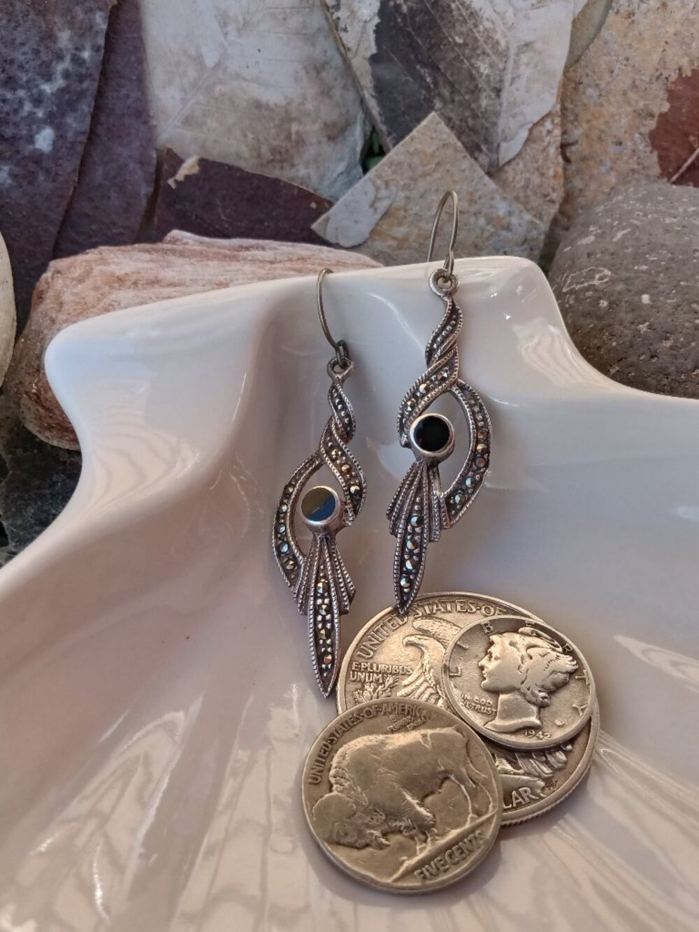 Vintage Charles Winston S.S, Onyx & Marcasite Earrings